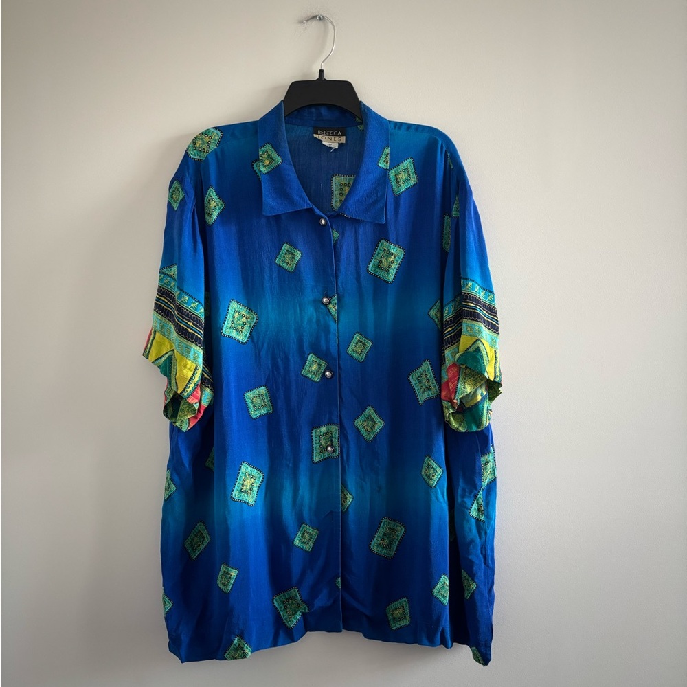 VTG Rebecca Jones Button Up Top Blue Colorful Print Women 3X Camp Art USA See Be
